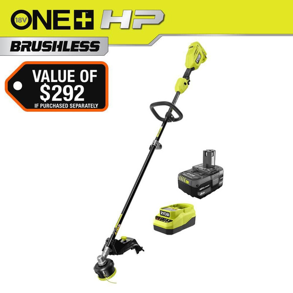 Ryobi One+ Hp 18v Brushless Whisper Series 15 In. Cordless Attachment Capable String Trimmer With 4.0 Ah Battery And Charger