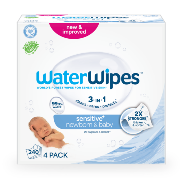 WaterWipes Sensitive+ Newborn & Baby Wipes, 3-In-1 Cleans, Cares, Protects, 99.9% Water