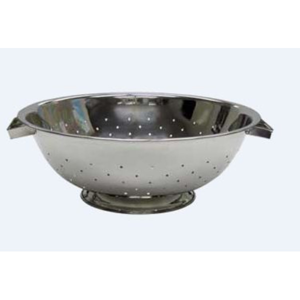 Colander, 5 quart, 11-1/2" diameter, side handles, footed base, stainless steel