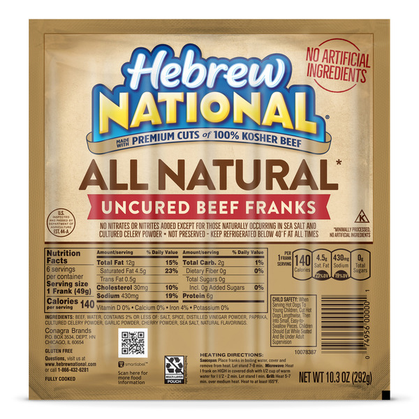 Hebrew National All Natural Uncured Kosher Beef Franks Hot Dogs