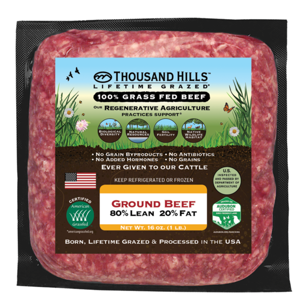Thousand Hills Lifetime Grazed 100% Grass Fed Ground Beef, 80