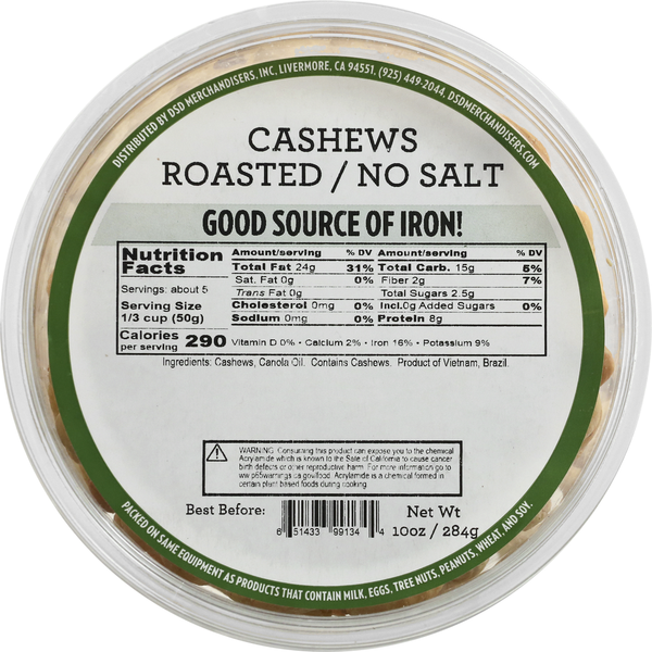DSD Merchandisers Cashews, Roasted/No Salt