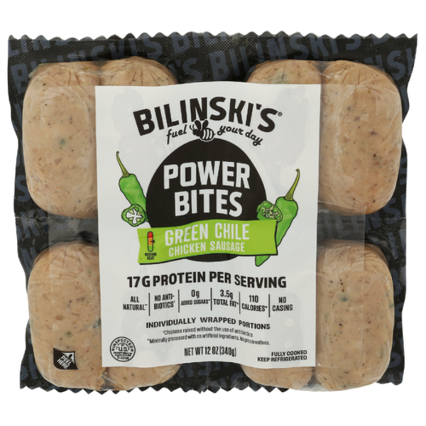Bilinski's Green Chile Power Bites Chicken Sausage