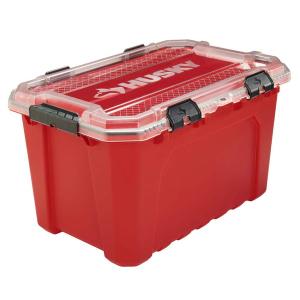 Husky 20-gal. Professional Heavy Duty Waterproof Stackable Plastic Storage Container With Hinged Lid In Red