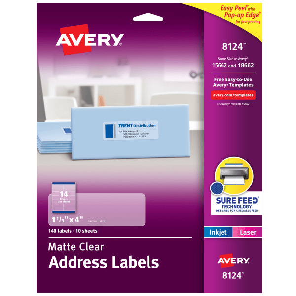 Avery Matte Clear Rectangle Printable Labels With Sure Feed, 1-1/3 x 4 in