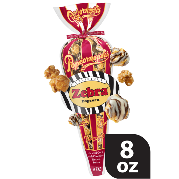 Popcornopolis Zebra 8 oz Cone, Caramel with Chocolatey Stripes