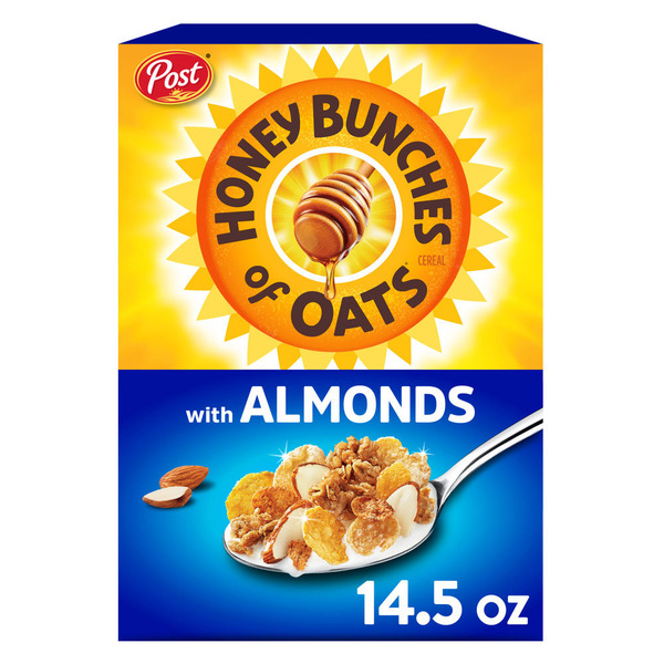 Post Honey Bunches of Oats with Almonds Breakfast Cereal, Heart Healthy, Cereal Box