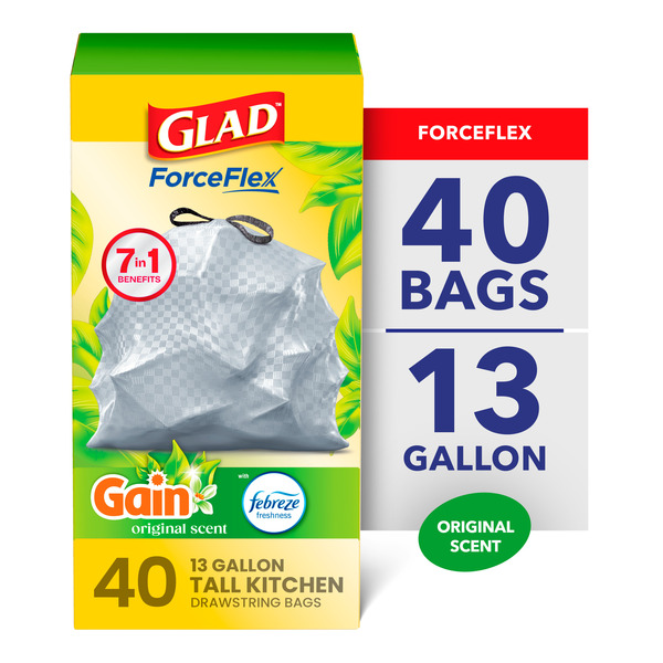 Glad ForceFlex Tall Kitchen Drawstring Trash Bags, 13 Gallon, Gain Original