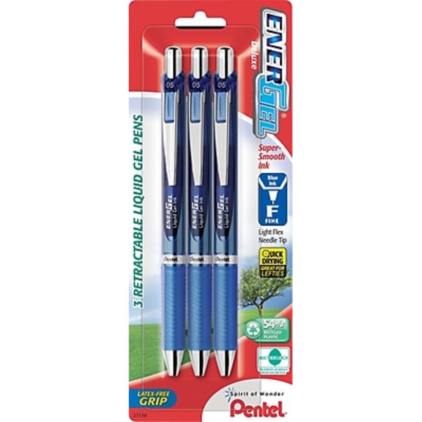 Pentel BLN75BP3C 0.5 Millimeter Blue Ink Fine Line Point EnerGel RTX Deluxe Liquid Retractable Ink Gel Pens Pack