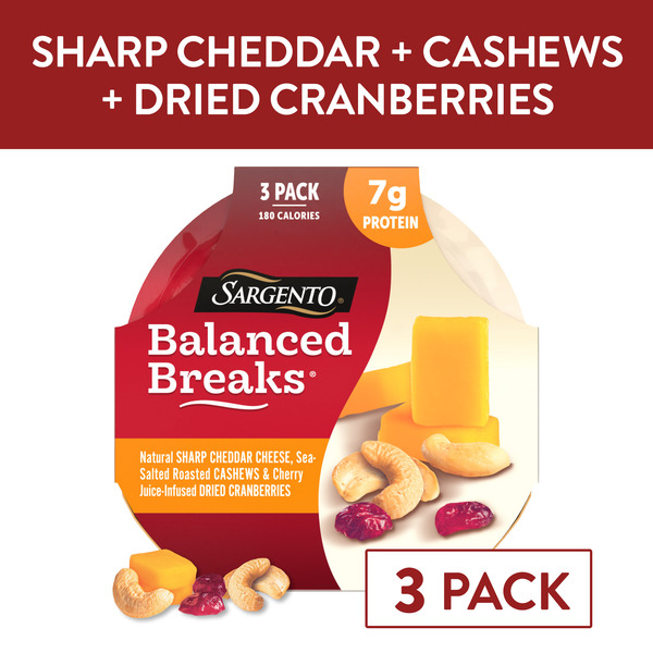 Sargento Balanced Breaks®  Sharp Cheddar Natural Cheese, Sea-Salted Roasted Cashews and Cherry Juice-Infused Dried Cranberries Snack Kit, 3-Pack