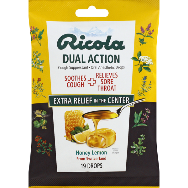 Ricola Cough Suppressant Drops, Dual Action, Honey Lemon Same-Day