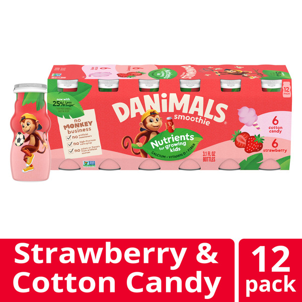 Danimals Smoothie Strawberry and Cotton Candy Low Fat Dairy Drink Multi-Pack, Creamy and Delicious Snacks for Kids, 12 Ct, 3.1 fl oz Smoothie Bottles