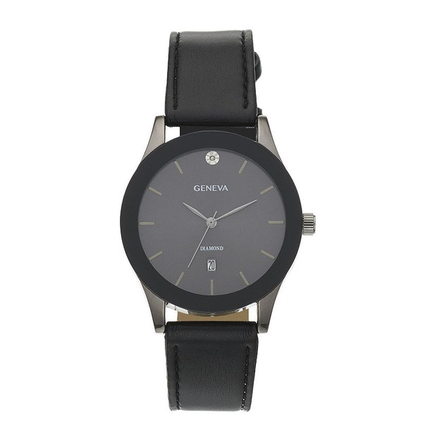 GE neva Men's Diamond Accent Faux Leather Watch - Black