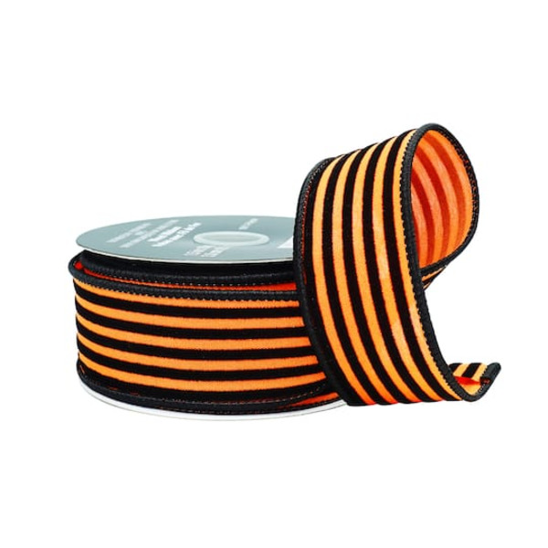 Celebrate It Orange & Black Flocked Stripes Wired Ribbon, 1.5 x 10 yd