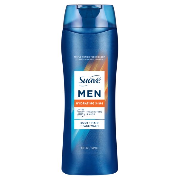 Suave Men Hydrating 3-in-1 Body + Hair + Face Wash with Glycerin & Vitamin E, Cleanse, Moisturize, Refresh, No Parabens or Phthalates, Long-Lasting Fragrance, 18 FL OZ