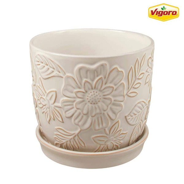 Vigoro Lorelai Small White Floral Ceramic Planter With Drainage Hole And Attached Saucer (7.2 In. L X 7.2 In. W X 6.3 In. H)