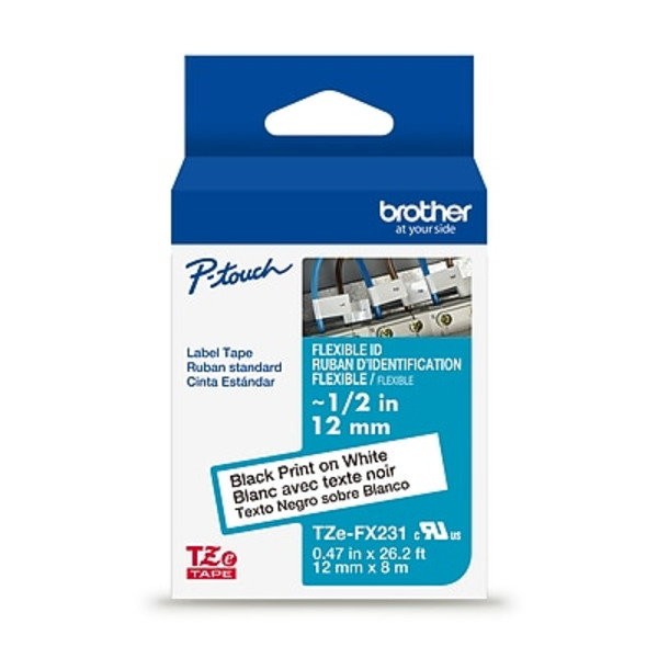 Brother Flexible ID Laminated P-touch TZeFX231 on Label Tape, 1/2 in x 26.2 ft - Black & White