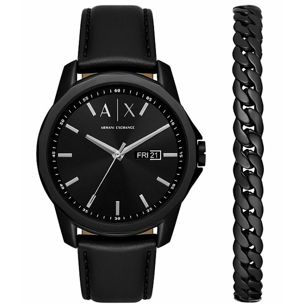 Armani Exchange Men's Three Hand DayDate Leather Watch Gift Set