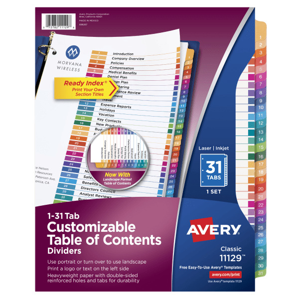 Avery Ready Index Table Of Contents Dividers - Multicolor - 1-31 Tab