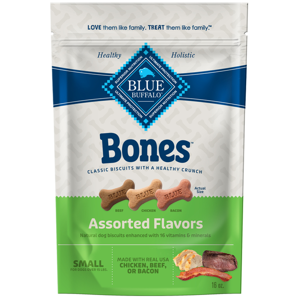 Blue Buffalo Bones Natural Crunchy Dog Treats, Small Dog Biscuits, Beef,  Chicken or Bacon