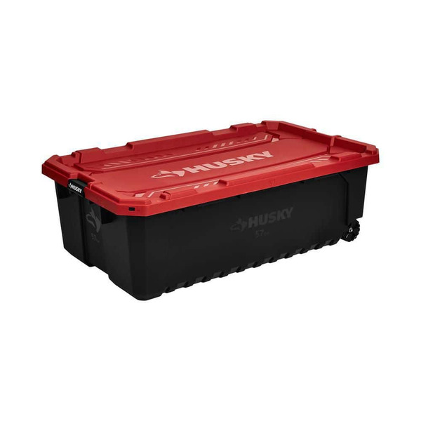 Husky 57 Gal. Pro Grip Storage Tote With Wheels In Black With Red Lid