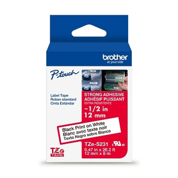 Brother P-Touch TZeS231 Strong Adhesive Laminated Label Tape, 0.47 in x 13.1 ft - Black & White