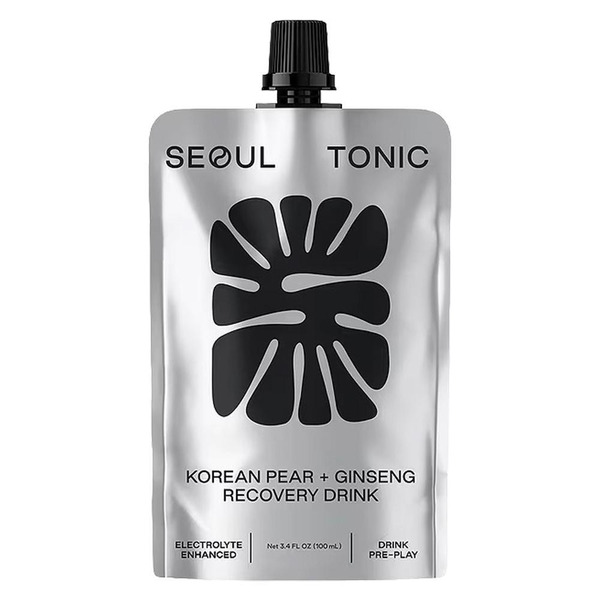 Silver pouch with black text and a spout, labeled 'Seoul Tonic Korean Pear + Ginseng Recovery Drink'.