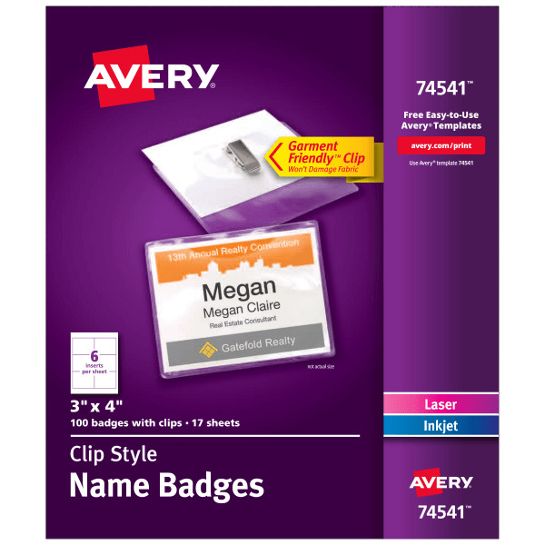 Avery Hldrbdgclp 74541 3" x 4" Name Badge Holders With Clip Top Load