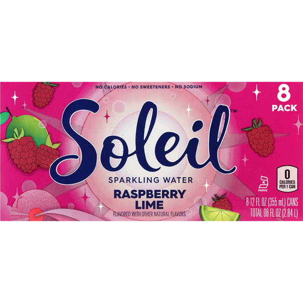 Soleil Sparkling Water, Raspberry Lime, 8 Pack