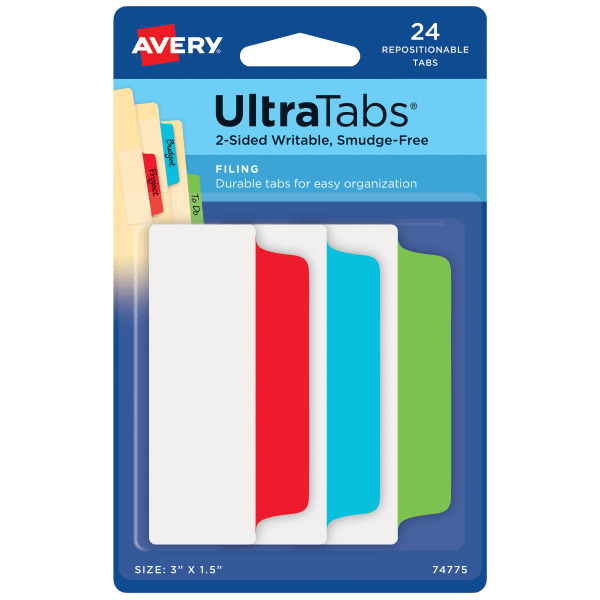 Avery 74775 Ultra Tabs 3" Wide 2-Sided Writable & Smudge-Free Tabs Pack in Assorted Colors