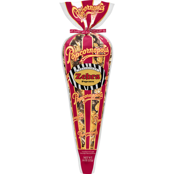 Popcornopolis Zebra 8 oz Cone, Caramel with Chocolatey Stripes