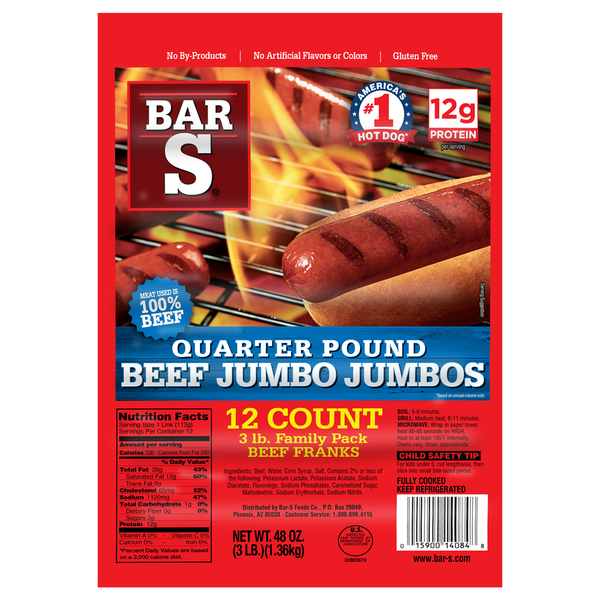 Bar-S Quarter Pound Beef Jumbo Jumbos Franks Family Pack Same-Day