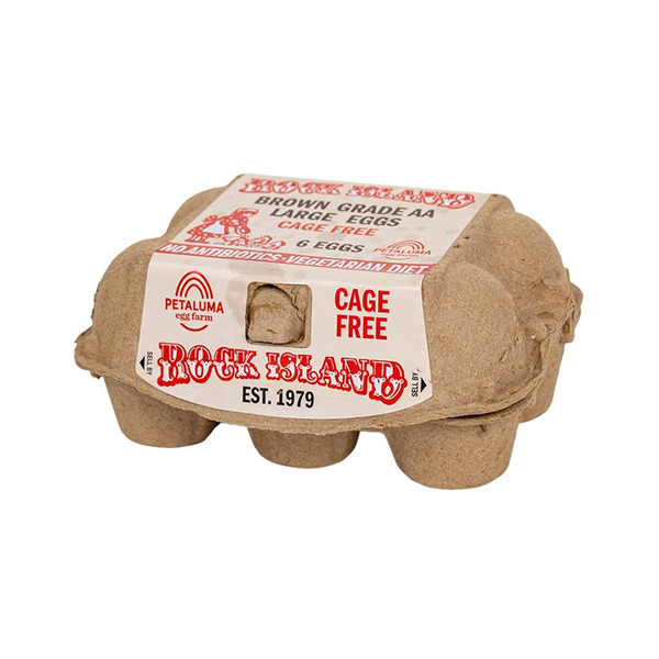 A carton of Rock Island Grade AA Cage Free Large Brown Eggs with a visible label stating '6 eggs'.
