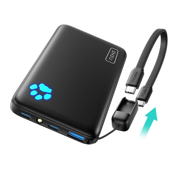 INIU Compact 10000mAh PD 45W Portable Charger Power Bank with Lanyard USB-C Cable - Black