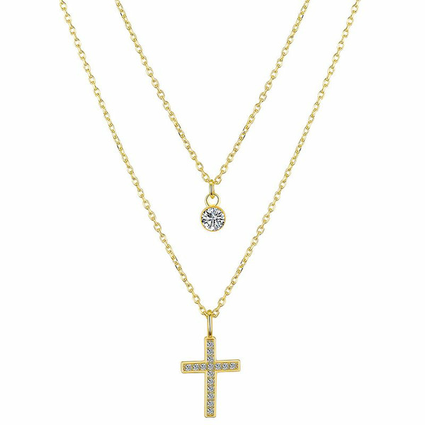 Gratitude & Grace 14k Gold Plated Cubic Zirconia Cross and Bezel Layered Pendant Necklace, Women's, Size: 20", Gold Tone