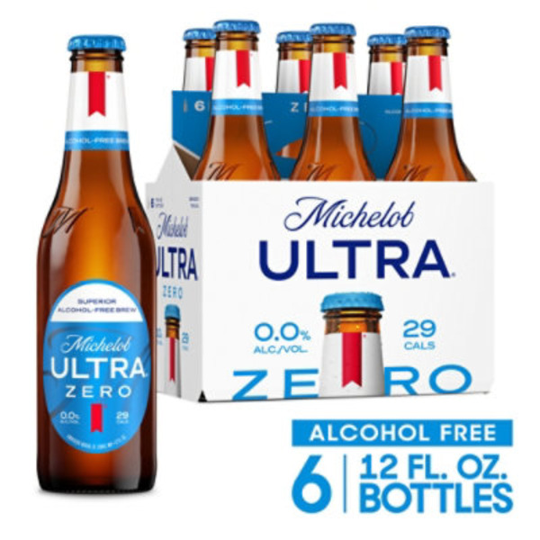 Michelob ULTRA Zero Non-Alcoholic American Lager Beer, 6 Pack 12 Fl Oz Glass Bottles