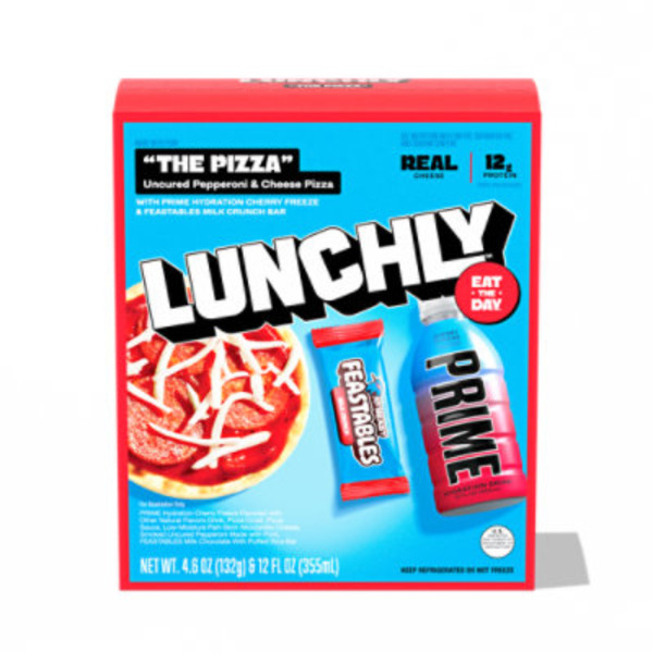 Lunchly "the Pizza" Uncured Pepperoni & Cheese Pizza With Prime Hydration Cherry Freeze & Feastables Milk Crunch Bar