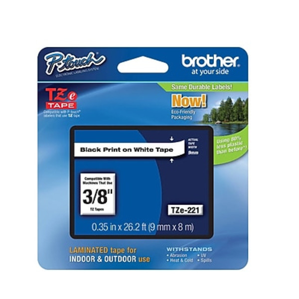 Brother P-touch TZe221 Laminated on White Label Tape, 3/8 in x 26.2 ft - Black