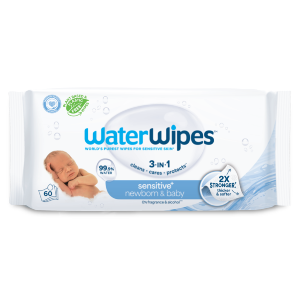 WaterWipes Sensitive+ Newborn & Baby Wipes, 3-In-1 Cleans, Cares, Protects, 99.9% Water