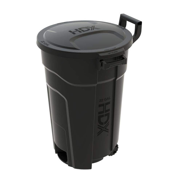 HDX 32 Gal. Black Heavy Duty Outdoor Trash Can With Wheels And Domed Lid