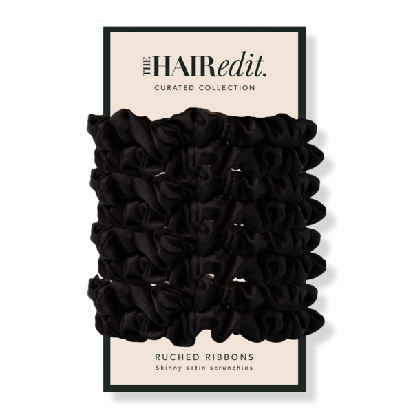 The Hair Edit Ruched Ribbons Skinny Satin Scrunchies Set - Black