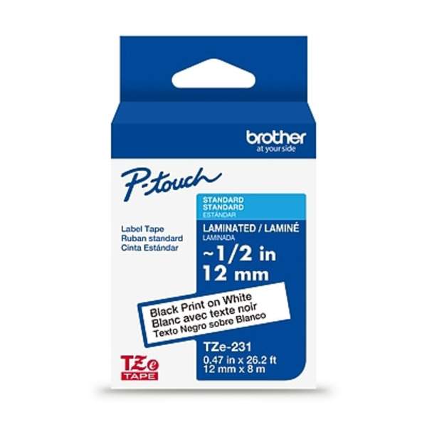 Brother P-touch TZe231 Laminated Black on White Label Tape, 1/2 in x 26.2 ft