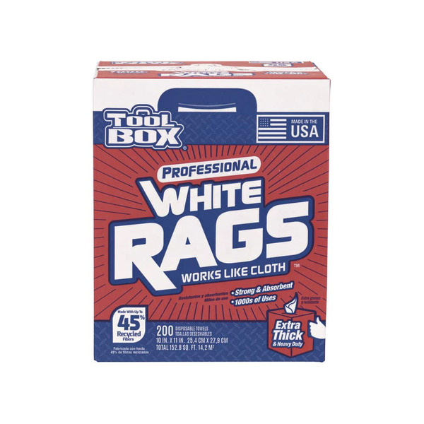 Toolbox Professional White Rags (200 Sheets; 10 In. W X 11 In. L Sheet Size; Disposable Painter's Rags - Natural Fibers)