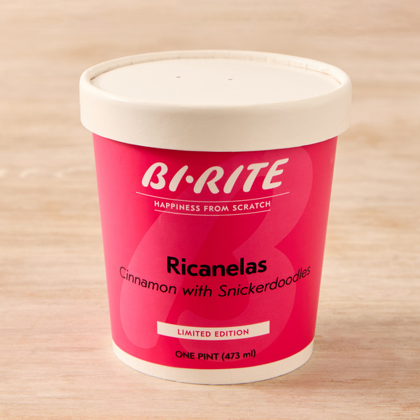A pink pint tub labeled 'Bi-Rite Ricanelas, Cinnamon with Snickerdoodles'.