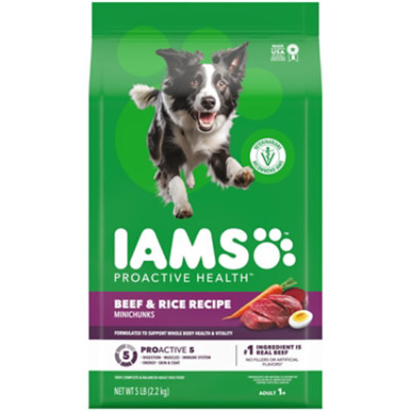 IAMS Proactive Health Adult Minichunks Dry Dog Food Beef & Rice Recipe, (4) 5 lb. Bag
