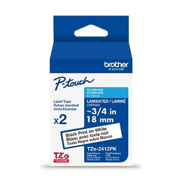 Brother Industries P-touch Laminated Black on White Label Tape, 0.7 in x 26.2 ft