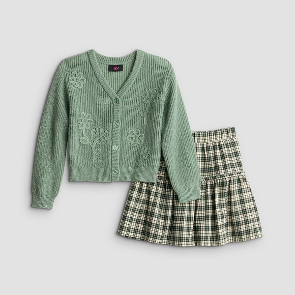 I.N. San Francisco Big Girls' Long Sleeve Floral Cardigan, Ruffle Tier Skirt Set, S - Sage