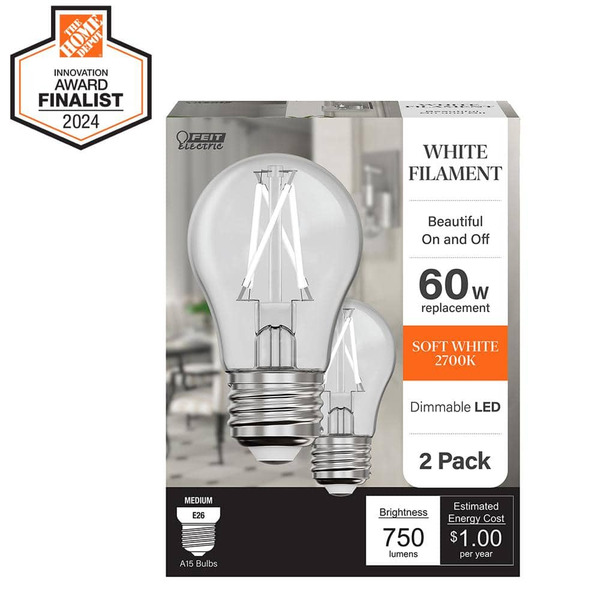 Feit Electric 60-watt Equivalent A15 Dimmable White Filament Cec Clear Glass E26 Led Ceiling Fan Light Bulb, Soft White 2700k (2-pack)