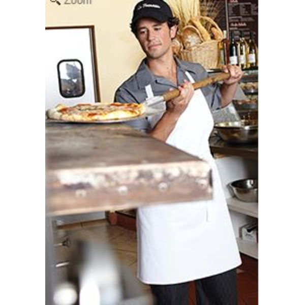 White Bib Apron, 24"L x 27-1/2"W, adjustable neck buckle, (3) pockets, 65/35 poly/cotton