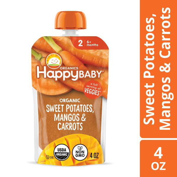 Happy Baby Organics Organics Stage 2 Baby Food Pouches, Gluten Free, Vegan & Healthy Snack, Clearly Crafted Fruit & Veggie Puree, Sweet Potatoes, Mangos & Carrots, 4 oz.